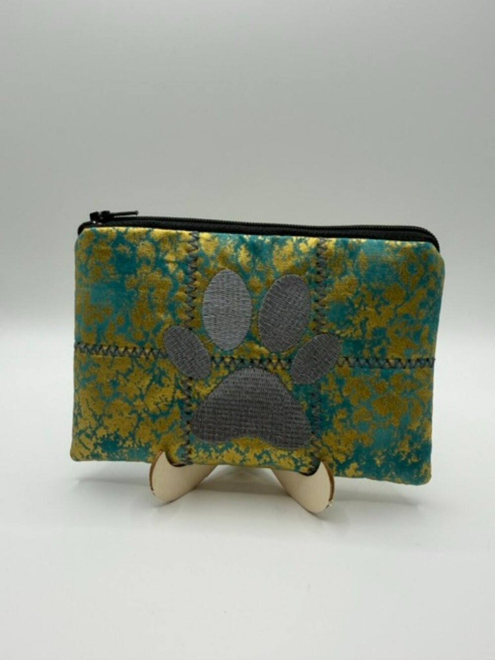 Homemade Blue & Gold Paw Print Embroidered Pouch